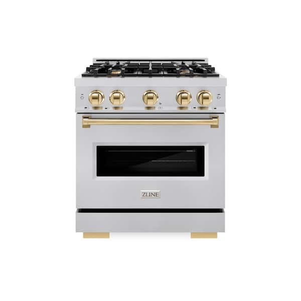 Classic 30 in. 4-Burner Gas Range with Gas Convection Oven in Stainless Steel and Polished Gold