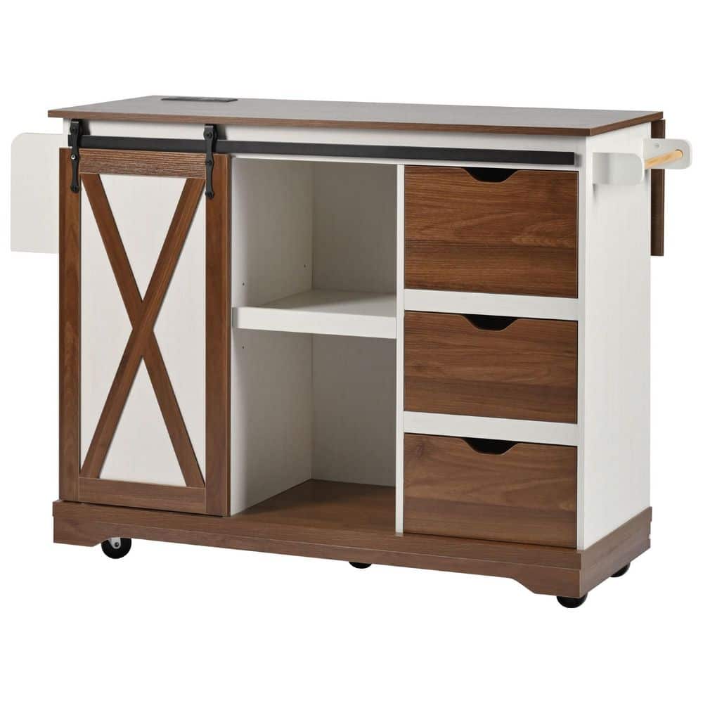 White Wood Buffet with Drop Leaf, Barn Door, Power Outlet, Rack