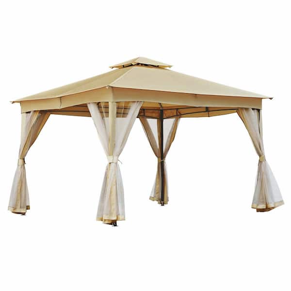 10 ft. x 12 ft. Beige Steel Outdoor Patio Gazebo Tent with Double Roofs and Mosquito Netting