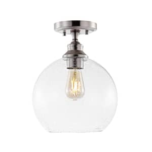 Marla 9.75 in. 1-Light Nickel Bohemian Farmhouse Iron/Seeded Glass LED Semi Flush Mount, Clear