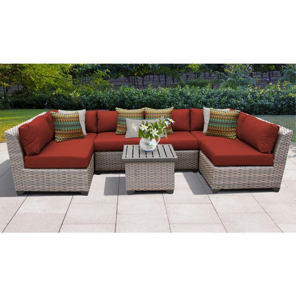 Florence 7-Piece Wicker Outdoor Patio Conversation Sectional Seating Group with Terracotta Red Cushions