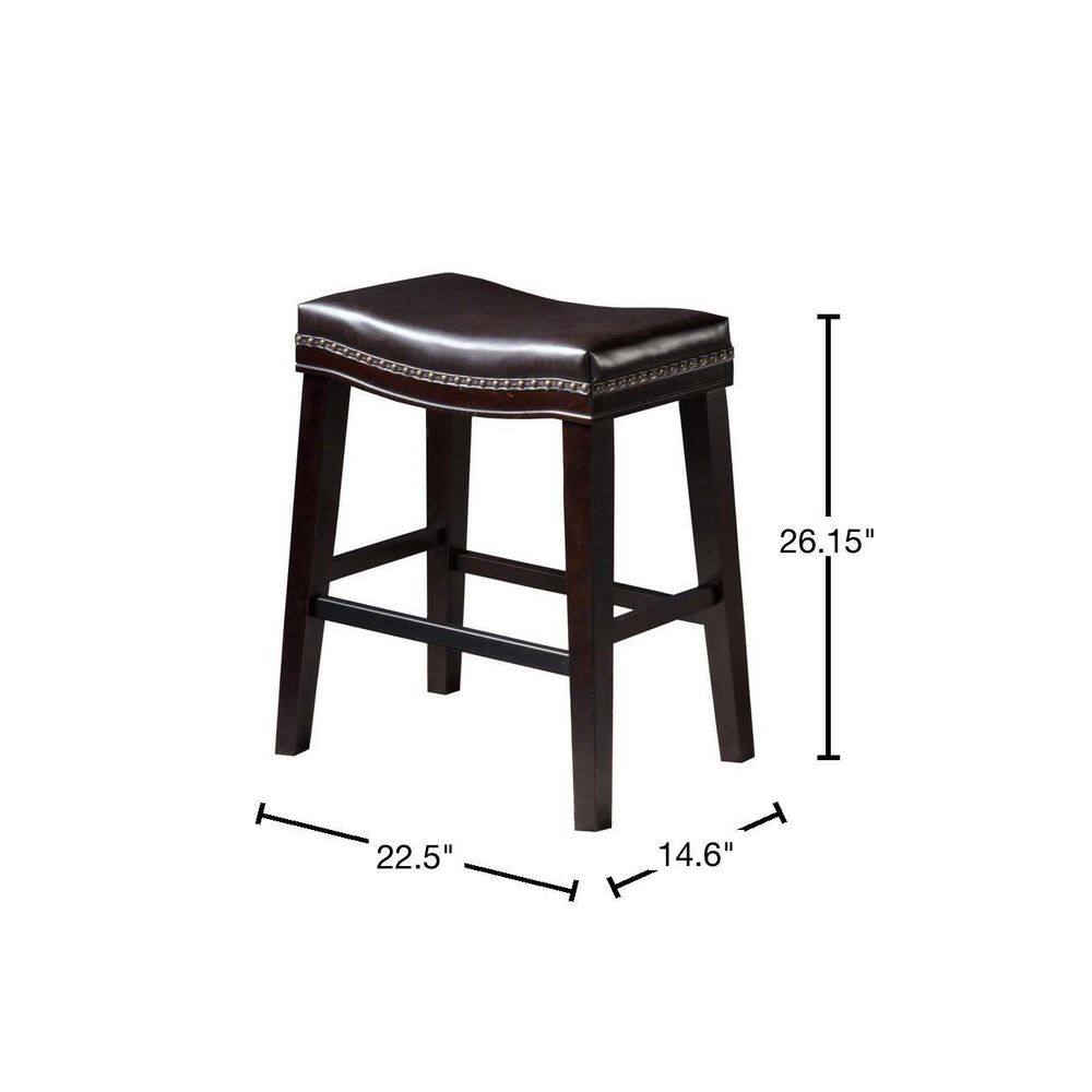 Brown Wood Saddle Counter Stools with Dark Brown Upholstered Seat, Set of 2