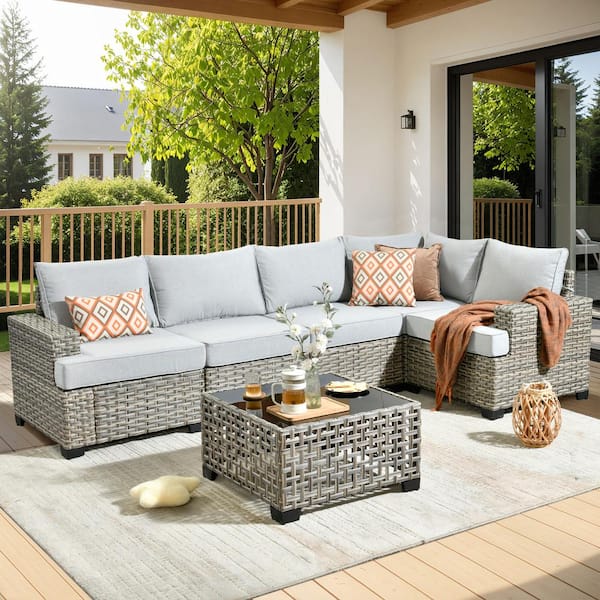 OVIOS Tiberte Gray 6-Piece Wicker Patio Conversation Seating Set with Gray Cushions