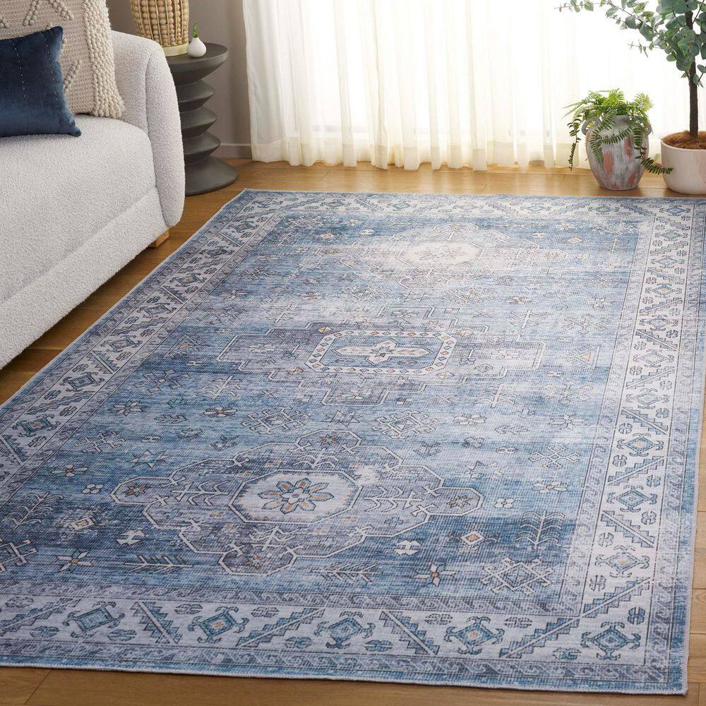Light Blue Geometric Washable Synthetic Area Rug, 5' x 8'