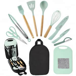 12-Piece Green Silicone Camping Cooking Utensils Set for RV Travel, BBQ, Hiking and Picnic Use