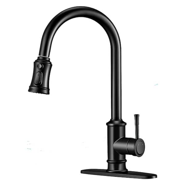 MYCASS PULL Single-Handle Deck Mount Gooseneck 3-Modes Pull Down Sprayer Kitchen Faucet with Deckplate in Matte Black, 360°
