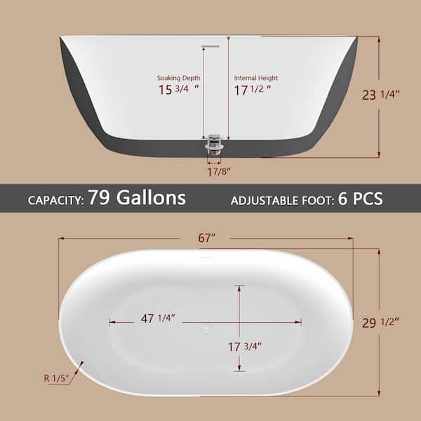 67 in. x 29.5 in. Acrylic Free Standing Bath Tub Flat Bottom Soaking Tub with Center Drain Freestanding Bathtub in Grey