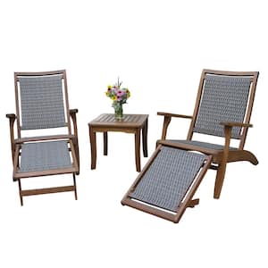 3-Piece Eucalyptus and Driftwood Grey Wicker Outdoor Lounge Chair Set with Ottoman and Square Accent Table