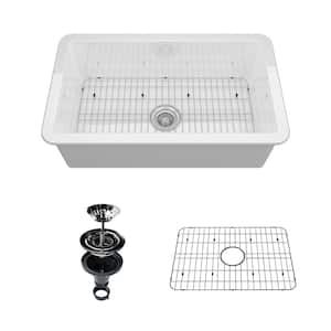 32 in. Drop-In/Undermount Single Bowl White Fine Fireclay Kitchen Sink Whth Accessories