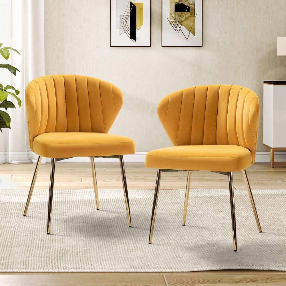 Mustard Velvet Upholstered Side Chair with Brass Metal Legs