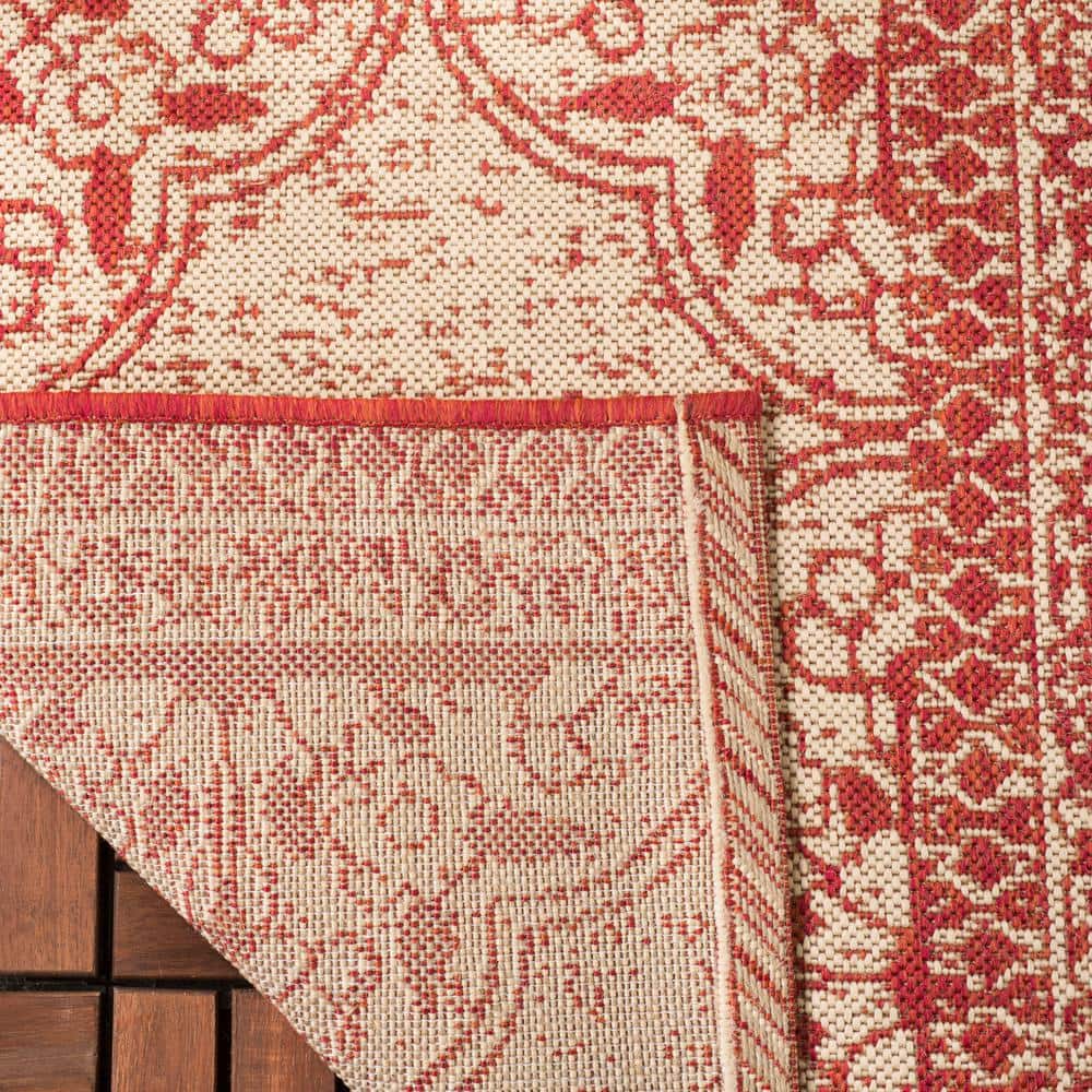 Red and Cream Square Synthetic Outdoor Area Rug