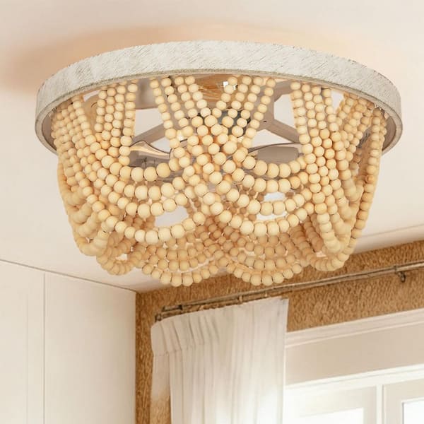 ARISKEEN 20 in. Indoor 4-Lights Wood Boho Caged Ceiling Fan with Light and Remote, Wood Bead Fandelier, Chandelier Light Fixture