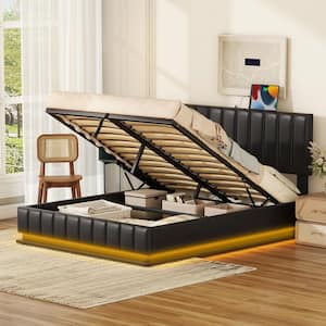Black Wood Frame Queen Size PU Leather Upholstered Platform Bed with Hydraulic Storage System, LED Lights, USB Charging