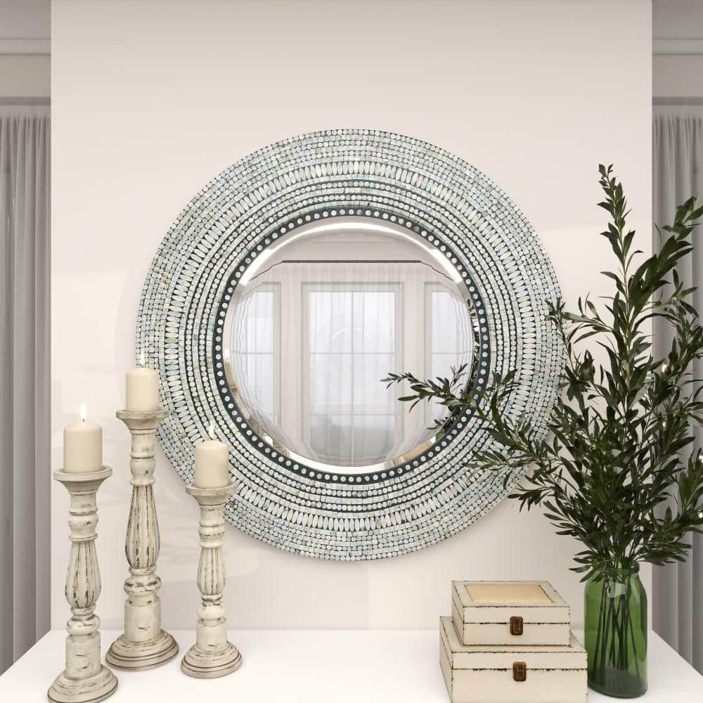 Bohemian Coastal 39" Handcrafted Wood Shell Oval Mirror