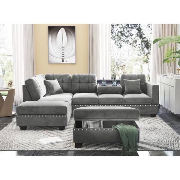 Magic Home 105 91 In Velvet Reversible Sectional L Shape Sofa Couch With Storage Ottoman And Cup Holders Light Gray Mh W223s00028 105 91 In Velvet Reversible Sectional, Symmetry Gray Leather Power Reclining Sofa