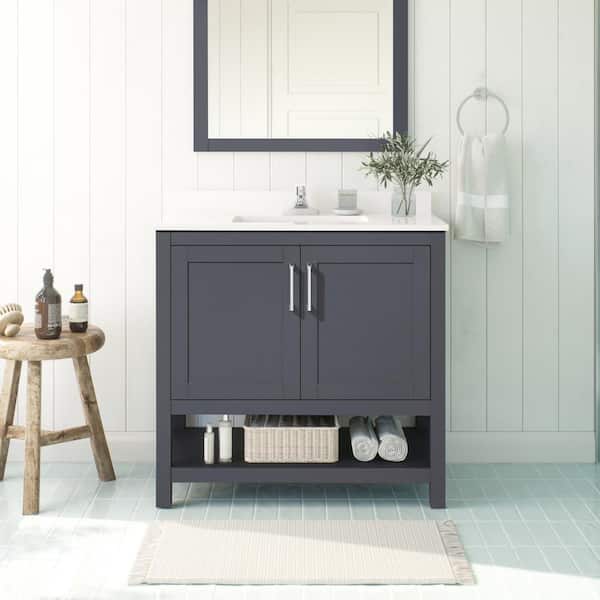 OVE Decors Vegas 36 in. W x 19 in. D x 34 in. H Single Sink Bath Vanity in Dark Charcoal with White Engineered Stone Top