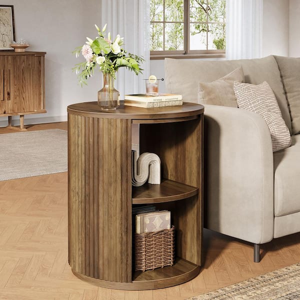 19.7 in. Rustic Brown Round Wood End Table with 3-Tier Storage Shelf, Farmhouse Side Table for Living Room Bedroom 2-PCS