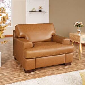 Genuine Leather Accent Chair Luxurious Comfort, Goose Feather Cushion Filling, Square Arm Design- Tan