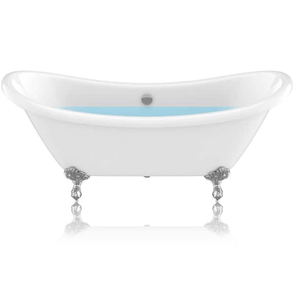 ANZZI Belissima 69 in L x 28 in W Acrylic Double Slipper Clawfoot Soaking Bathtub in White with Chrome Eagle's Talon Feet