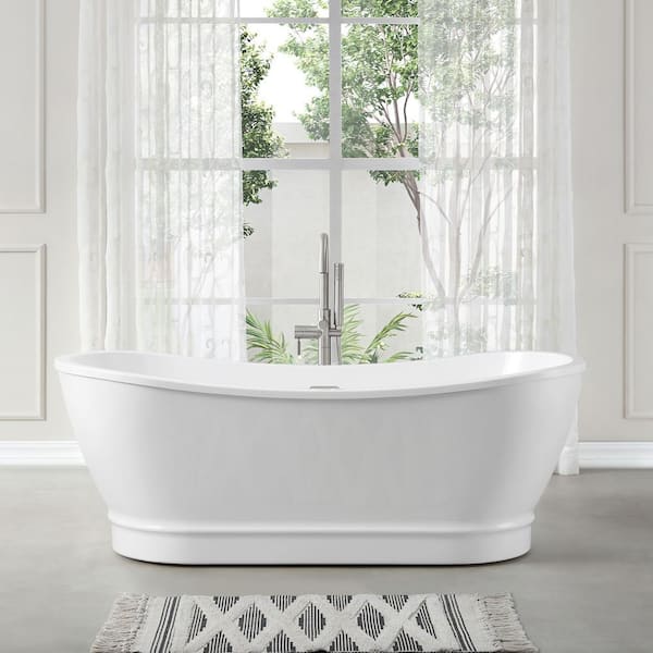 Berkel 60 in. Acrylic Freestanding Flatbottom Bathtub in White with Overflow and Drain in Brushed Nickel Included