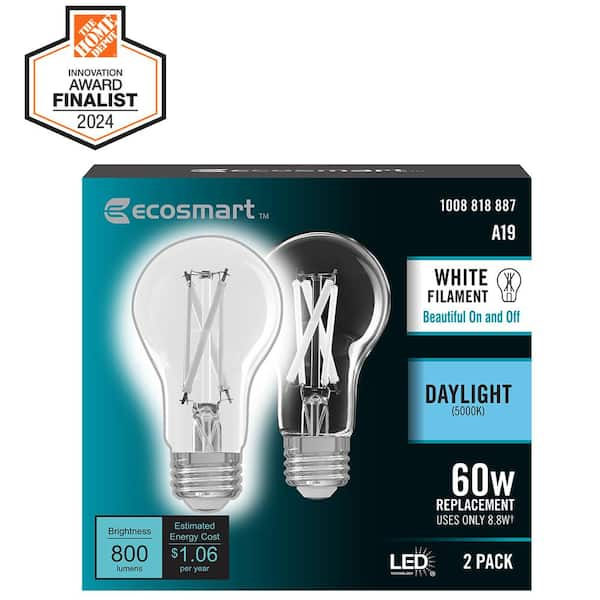 60-Watt Equivalent A19 Dimmable White Filament CEC Clear Glass E26 Medium Base LED Light Bulb, Daylight 5000K (2-Pack)