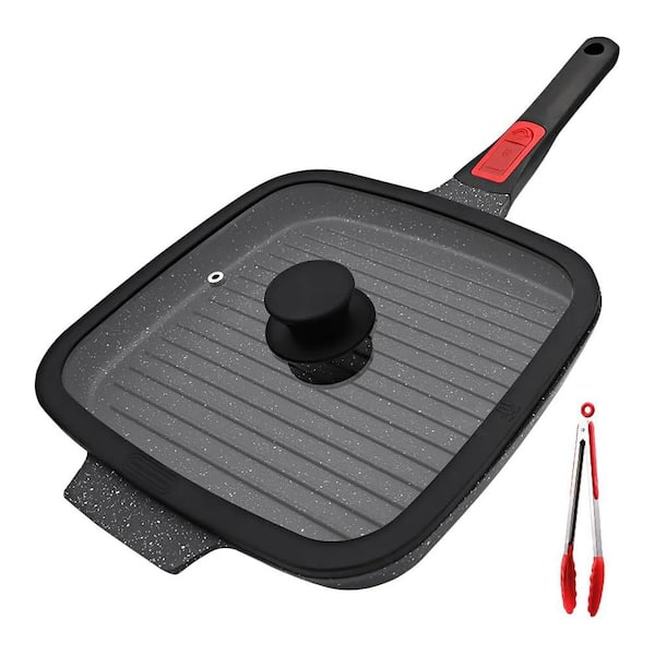 10 in. Cast Aluminum Nonstick Grill Pan with Lid and Detachable Handle for Induction Hob Black 1-Piece