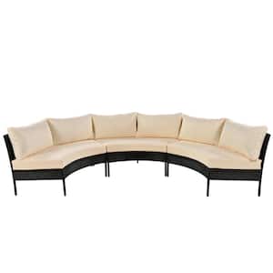 Black 3-Pieces. Metal Outdoor Sectional Set with Beige Cushions All Weather Curved Rattan Conversation Set