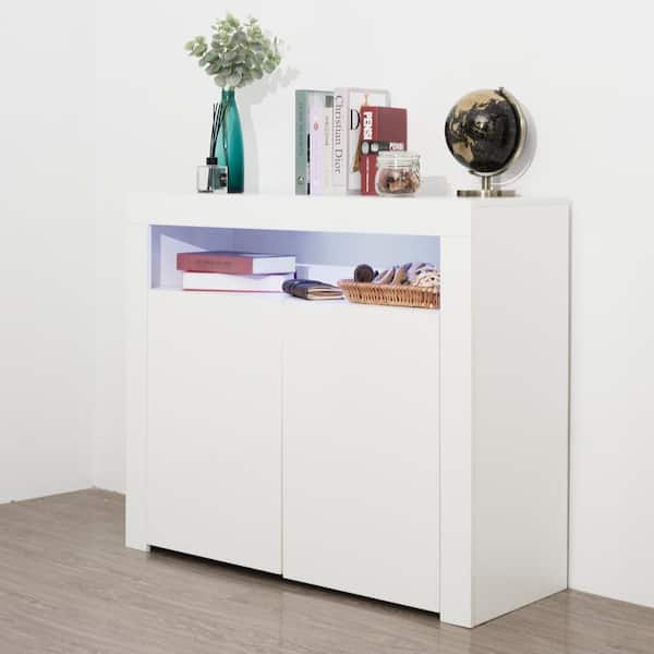 Panana High Gloss Front 2 Doors Storage Sideboard Living Room Cupboard with LED Light in White Matt Body White//Black