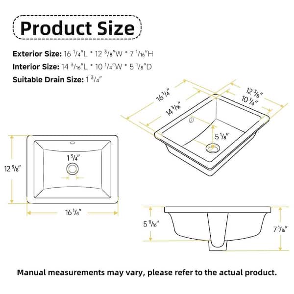 16 in. L x 12 in. W Undermount Bathroom Sink Rectangular White Ceramic with Overflow Hole for Modern Bathroom Design