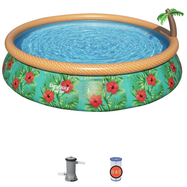 Bestway 33 in. x 15 ft. Round Fast Set Paradise Palms Inflatable Swimming Pool Set