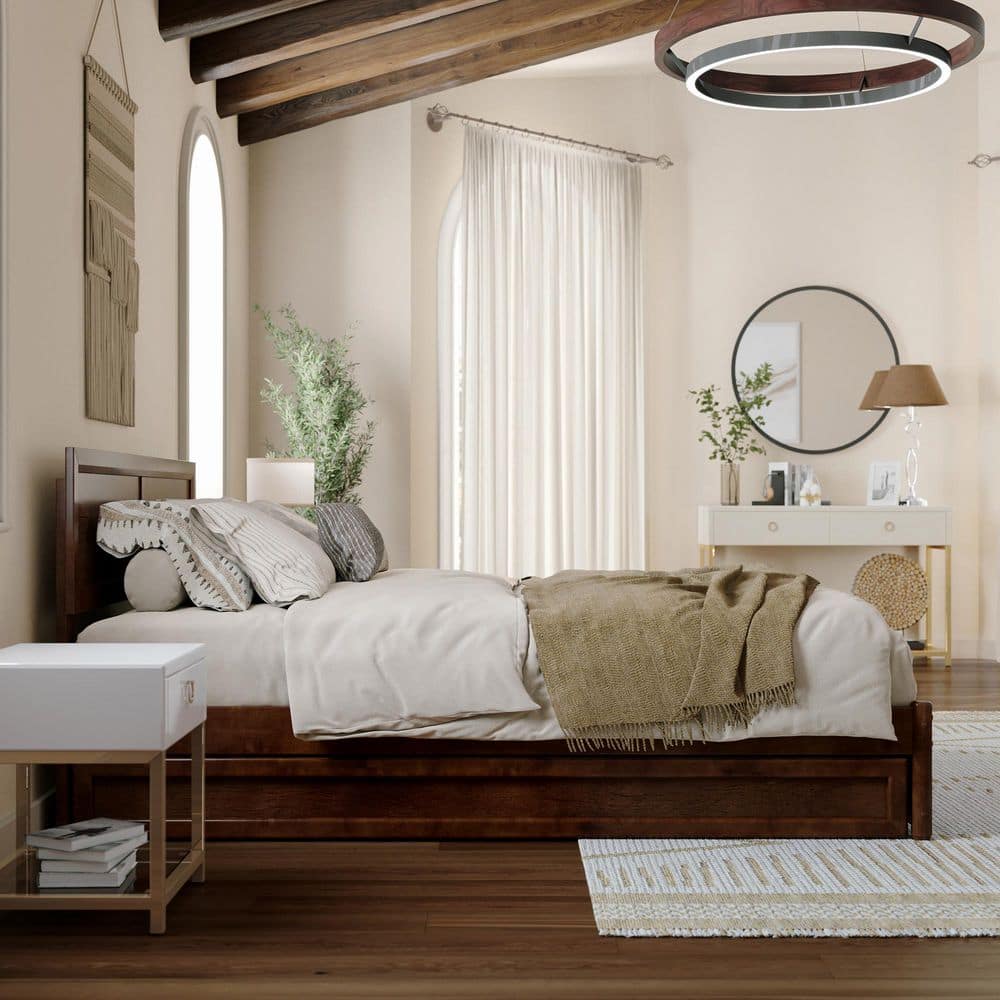 Lylah Queen Walnut Wood Platform Bed with Trundle