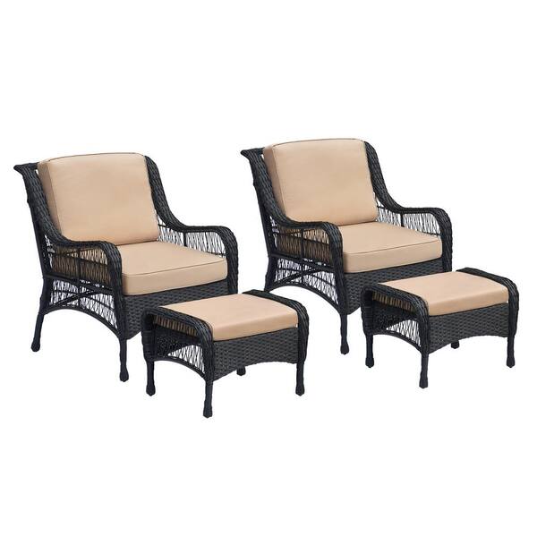 Zeus & Ruta 4-Piece Wicker Patio Furniture Set Outdoor Conversation Set with Khaki Cushions and Ottomans for Garden and Backyard