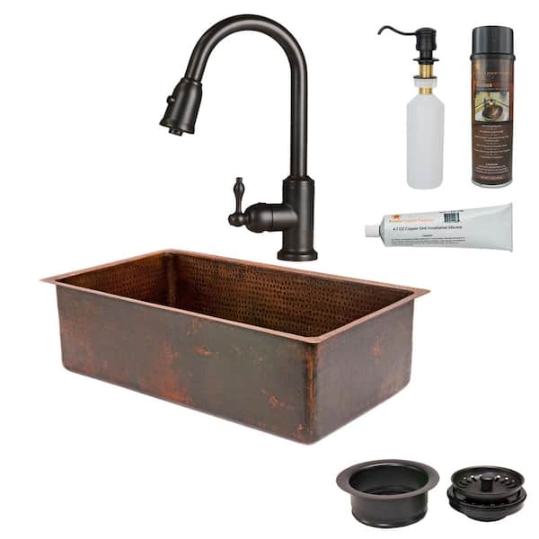 Premier Copper Products 30 in. Hammered Copper Kitchen Single Basin Sink with ORB Pull Down Faucet, Matching Drain and Accessories