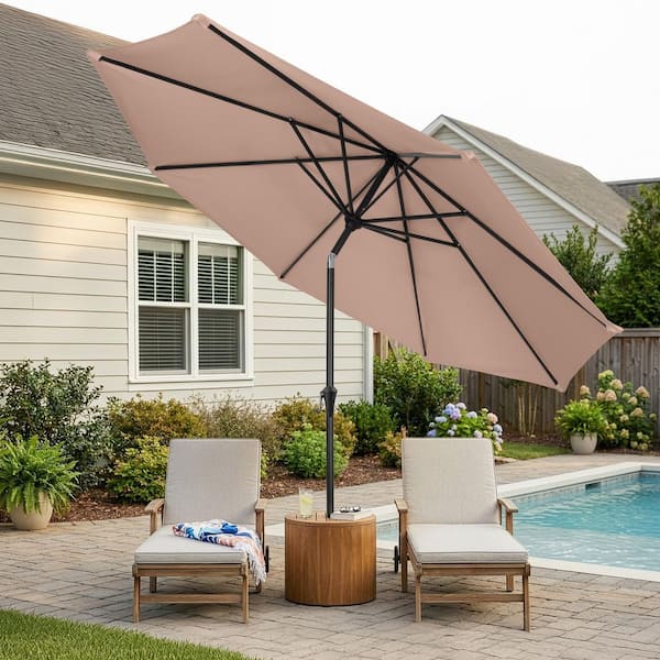auto lift patio umbrella Villacera 9' Outdoor Patio Umbrella with 8 Ribs, Aluminum Pole and Auto Tilt, Fade Resistant Market Umbrella, Beige