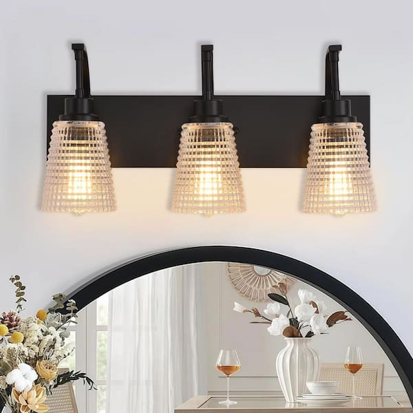20.87 in. 3-Light Black Vanity Light with Wavy Glass Shade for Bathroom Vanity Lighting Fixtures Wall Mount