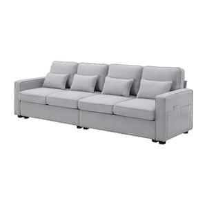 104.00 in. Polyester Rectangle Sectional Sofa in. Light Gray with Armrest Pockets and 4 Pillows
