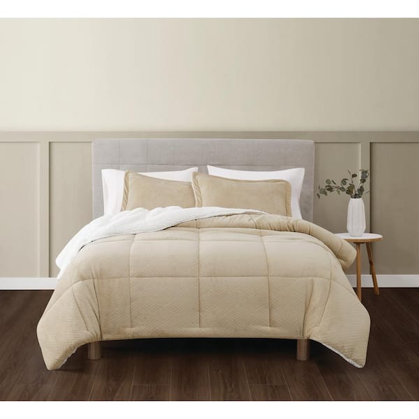 Basket Carved Faux Fur Polyester Tan King 3 Piece Comforter Set