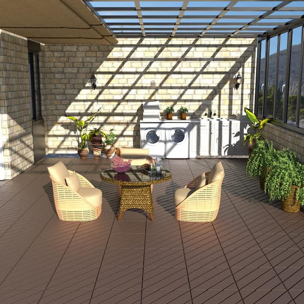 GOGEXX 1 ft. W x 1 ft. L Outdoor Striped Square PVC Waterproof Interlocking Flooring Deck Tiles(Pack of 44 Tiles) in Brown