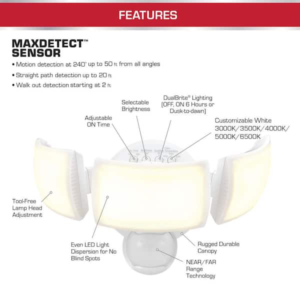 MaxDetect 240° White Motion Sensing Wired Outdoor 3-Head LED Security Flood Light 3000 Lumens with 5CCT and DualBrite