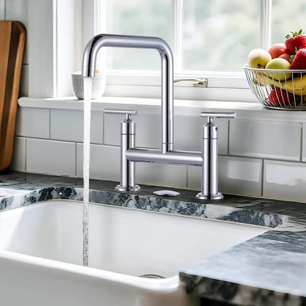 8 in. Centerset Double Handle Brass Bridge Kitchen Faucet with Sink Hole Cover in Polished Chrome