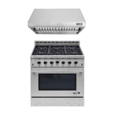 Entree Bundle 36 in. 5.5 cu. ft. Pro-Style Liquid Propane Range Convection Oven Range Hood in Stainless Steel and Black