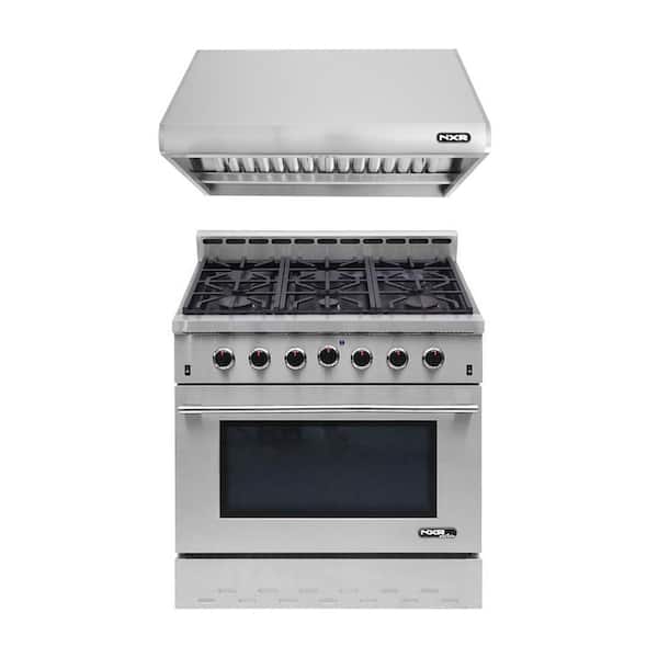 Entree Bundle 36 in. 5.5 cu. ft. Pro-Style Gas Range with Convection Oven and Range Hood in Stainless Steel and Black