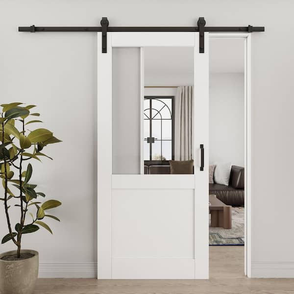 36 in. x 80 in. 1/2-Lite Tempered Clear Glass White Primed Solid Core MDF Sliding Barn Door with Hardware Kit