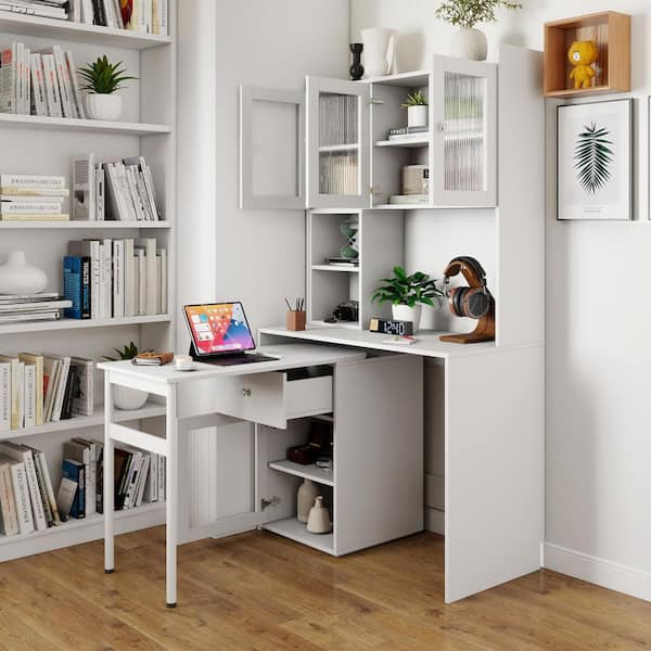 39 in. White Wood 1-Drawer Computer Desk with 90° Rotating Desktop L-shaped Writing Table w/Glass Door Bookshelf, Hutch