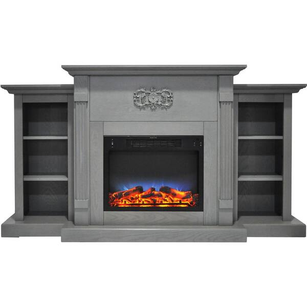 Hanover Classic 72 in. Electric Fireplace in Gray with Built-in Bookshelves and a Multi-Color LED Flame Display