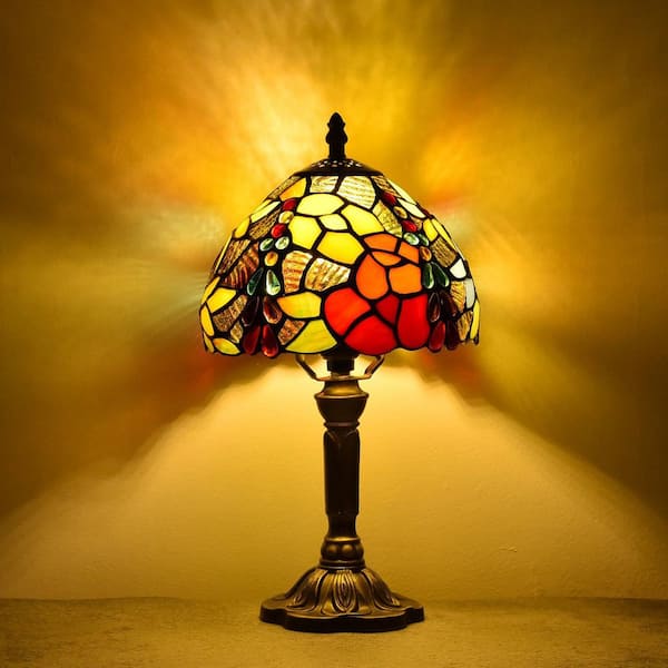 Latepis Decorative 14.6 in. Multi-Colored Tiffany-Style Table Lamp Bronze Finish Classic Rose Bedside Lamp