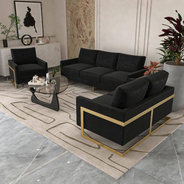 Leisuremod 3-Piece Sofa Set Upholstered in Velvet with Gold Stainless Steel Base and Removable Cushions in Midnight Black