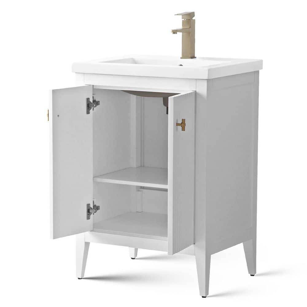 White and Gold Freestanding Single Bathroom Vanity with Ceramic Top