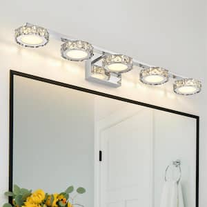 Modern 5-Light Chrome Dimmable Wall Sconce with Clear Crystal Shades