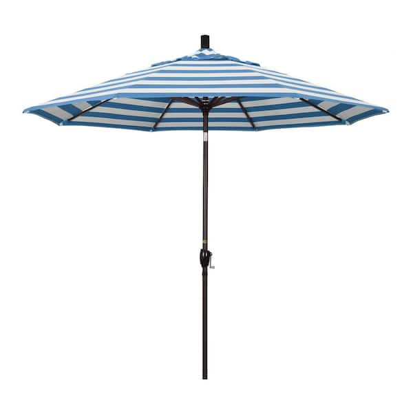 California Umbrella 9 ft. Bronze Aluminum Market Push Button Tilt Crank Lift Patio Umbrella in Cabana Regatta Sunbrella
